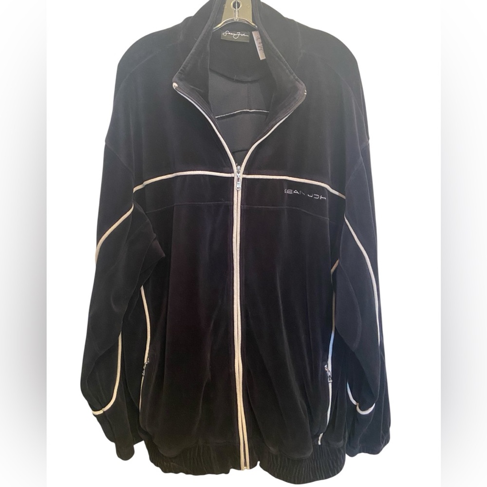 Sean John Vtg black velour track jacket, Y2K white piping front and back XXL